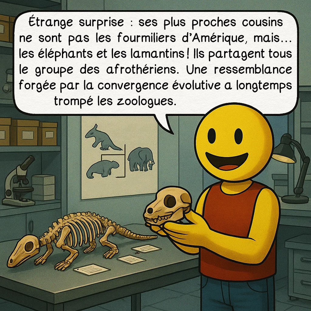 L’oryctérope, case 8 : Étrange surprise : ses plus proches cousins ne sont pas les fourmiliers d’Amérique, mais… les éléphants et les lamantins ! Ils partagent tous le groupe des afrothériens. Une ressemblance forgée par la convergence évolutive a longtemps trompé les zoologues.