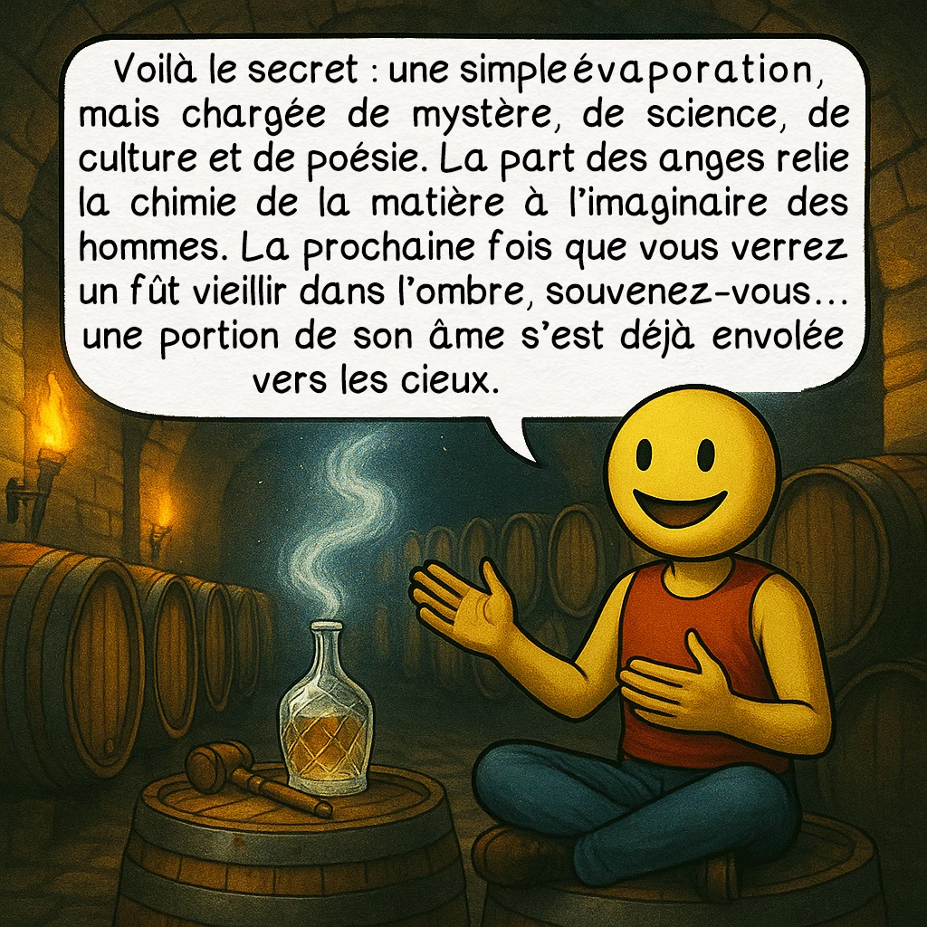 La part des anges, case 10 : Voilà le secret : une simple évaporation, mais chargée de mystère, de science, de culture et de poésie. La part des anges relie la chimie de la matière à l’imaginaire des hommes. La prochaine fois que vous verrez un fût vieillir dans l’ombre, souvenez-vous… une portion de son âme s’est déjà envolée vers les cieux.