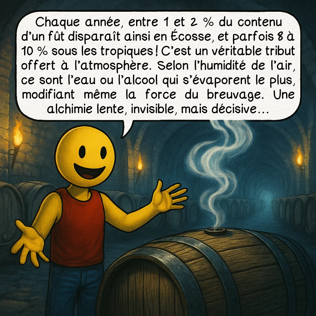 La part des anges, case 2 : Chaque année, entre 1 et 2 % du contenu d’un fût disparaît ainsi en Écosse, et parfois 8 à 10 % sous les tropiques ! C’est un véritable tribut offert à l’atmosphère. Selon l’humidité de l’air, ce sont l’eau ou l’alcool qui s’évaporent le plus, modifiant même la force du breuvage. Une alchimie lente, invisible, mais décisive…