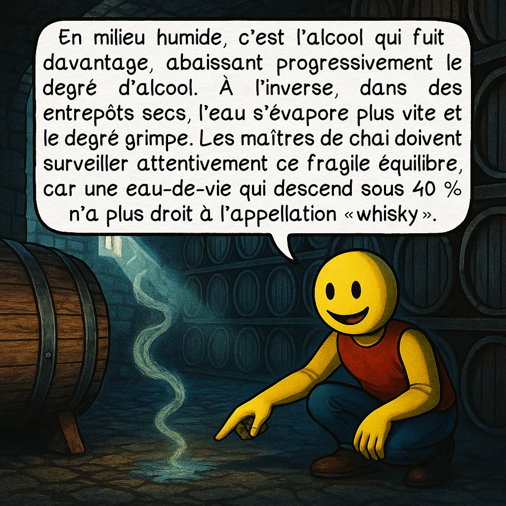 La part des anges, case 3 : En milieu humide, c’est l’alcool qui fuit davantage, abaissant progressivement le degré d’alcool. À l’inverse, dans des entrepôts secs, l’eau s’évapore plus vite et le degré grimpe. Les maîtres de chai doivent surveiller attentivement ce fragile équilibre, car une eau-de-vie qui descend sous 40 % n’a plus droit à l’appellation « whisky ».