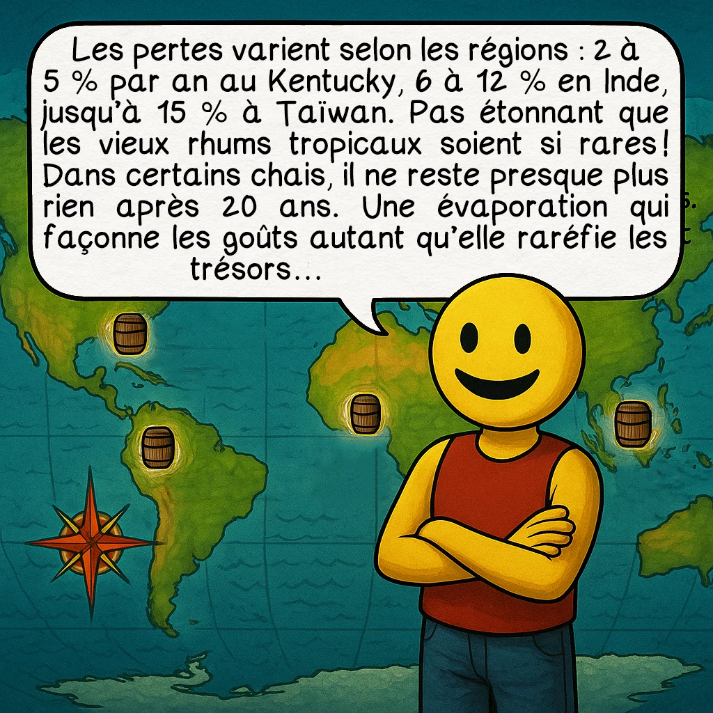 La part des anges, case 4 : Les pertes varient selon les régions : 2 à 5 % par an au Kentucky, 6 à 12 % en Inde, jusqu’à 15 % à Taïwan. Pas étonnant que les vieux rhums tropicaux soient si rares ! Dans certains chais, il ne reste presque plus rien après 20 ans. Une évaporation qui façonne les goûts autant qu’elle raréfie les trésors…