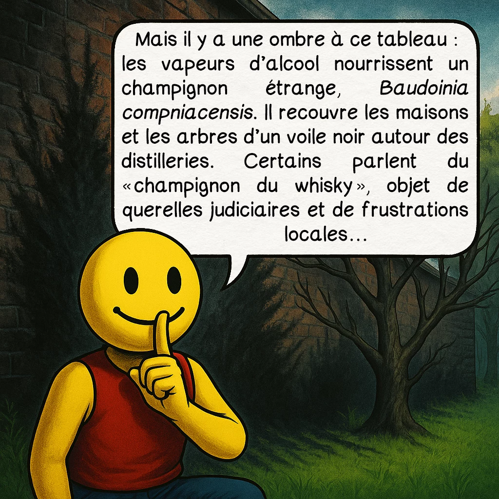 La part des anges, case 5 : Mais il y a une ombre à ce tableau : les vapeurs d’alcool nourrissent un champignon étrange, Baudoinia compniacensis. Il recouvre les maisons et les arbres d’un voile noir autour des distilleries. Certains parlent du « champignon du whisky », objet de querelles judiciaires et de frustrations locales…