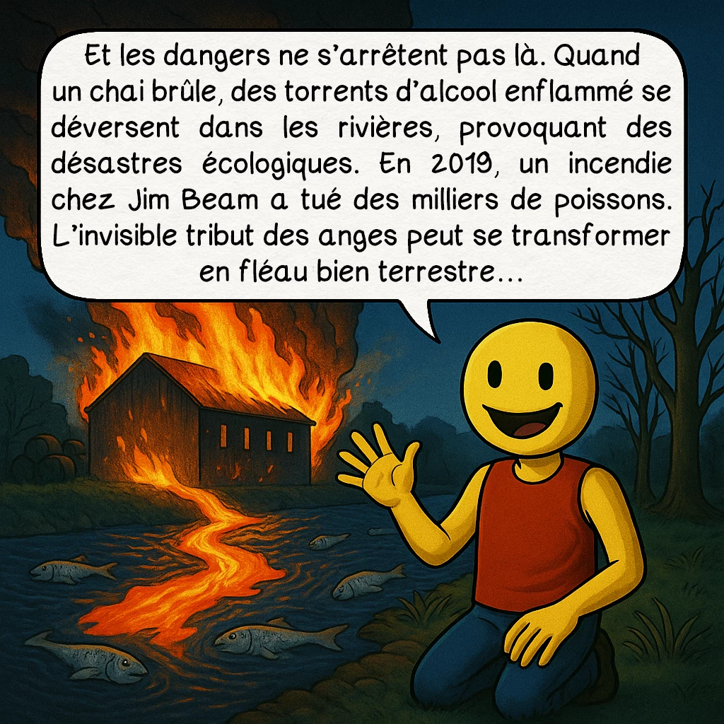 La part des anges, case 6 : Et les dangers ne s’arrêtent pas là. Quand un chai brûle, des torrents d’alcool enflammé se déversent dans les rivières, provoquant des désastres écologiques. En 2019, un incendie chez Jim Beam a tué des milliers de poissons. L’invisible tribut des anges peut se transformer en fléau bien terrestre…