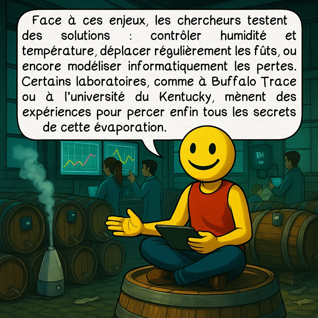 La part des anges, case 7 : Face à ces enjeux, les chercheurs testent des solutions : contrôler humidité et température, déplacer régulièrement les fûts, ou encore modéliser informatiquement les pertes. Certains laboratoires, comme à Buffalo Trace ou à l’université du Kentucky, mènent des expériences pour percer enfin tous les secrets de cette évaporation.