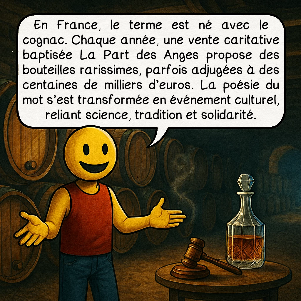 La part des anges, case 8 : En France, le terme est né avec le cognac. Chaque année, une vente caritative baptisée La Part des Anges propose des bouteilles rarissimes, parfois adjugées à des centaines de milliers d’euros. La poésie du mot s’est transformée en événement culturel, reliant science, tradition et solidarité.