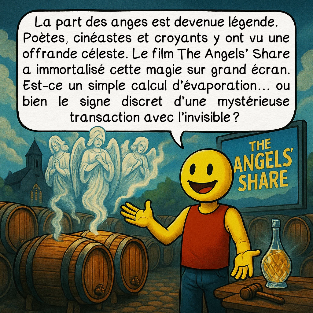 La part des anges, case 9 : La part des anges est devenue légende. Poètes, cinéastes et croyants y ont vu une offrande céleste. Le film The Angels’ Share a immortalisé cette magie sur grand écran. Est-ce un simple calcul d’évaporation… ou bien le signe discret d’une mystérieuse transaction avec l’invisible ?