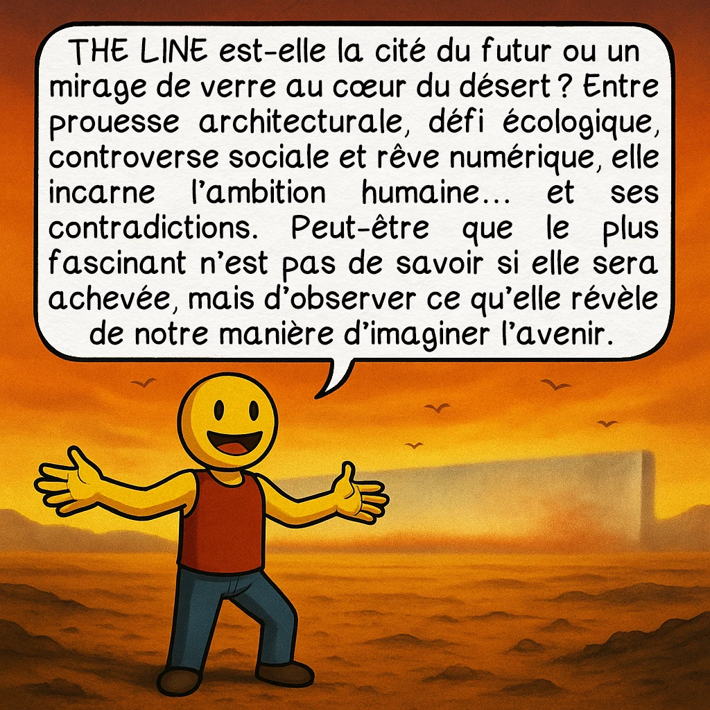 The Line, case 10 : THE LINE est-elle la cité du futur ou un mirage de verre au cœur du désert ? Entre prouesse architecturale, défi écologique, controverse sociale et rêve numérique, elle incarne l’ambition humaine… et ses contradictions. Peut-être que le plus fascinant n’est pas de savoir si elle sera achevée, mais d’observer ce qu’elle révèle de notre manière d’imaginer l’avenir.