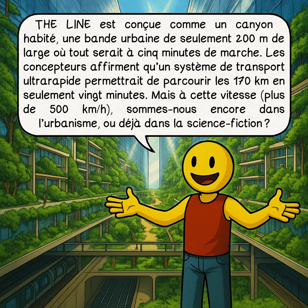 The Line, case 2 : THE LINE est conçue comme un canyon habité, une bande urbaine de seulement 200 m de large où tout serait à cinq minutes de marche. Les concepteurs affirment qu’un système de transport ultrarapide permettrait de parcourir les 170 km en seulement vingt minutes. Mais à cette vitesse (plus de 500 km/h), sommes-nous encore dans l’urbanisme, ou déjà dans la science-fiction ?