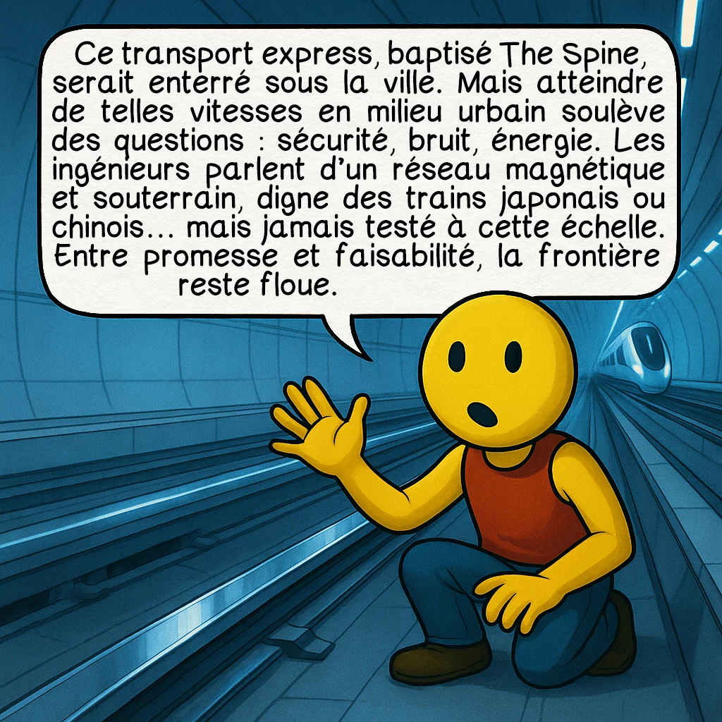The Line, case 3 : Ce transport express, baptisé The Spine, serait enterré sous la ville. Mais atteindre de telles vitesses en milieu urbain soulève des questions : sécurité, bruit, énergie. Les ingénieurs parlent d’un réseau magnétique et souterrain, digne des trains japonais ou chinois… mais jamais testé à cette échelle. Entre promesse et faisabilité, la frontière reste floue.