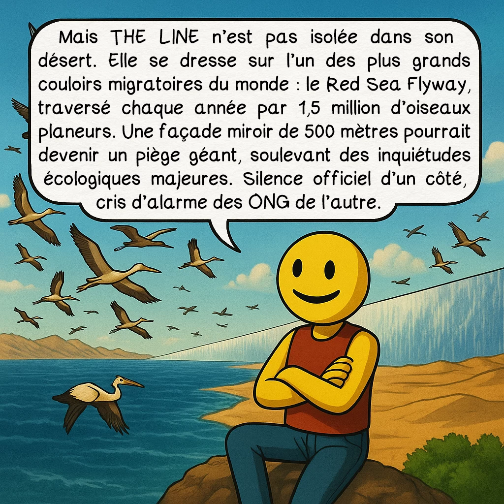 The Line, case 4 : Mais THE LINE n’est pas isolée dans son désert. Elle se dresse sur l’un des plus grands couloirs migratoires du monde : le Red Sea Flyway, traversé chaque année par 1,5 million d’oiseaux planeurs. Une façade miroir de 500 mètres pourrait devenir un piège géant, soulevant des inquiétudes écologiques majeures. Silence officiel d’un côté, cris d’alarme des ONG de l’autre.