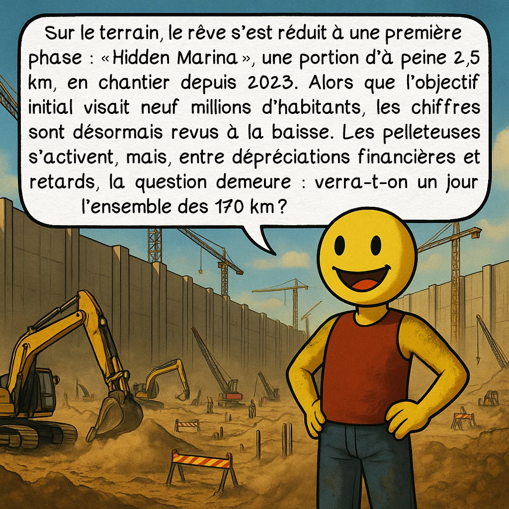The Line, case 6 : Sur le terrain, le rêve s’est réduit à une première phase : « Hidden Marina », une portion d’à peine 2,5 km, en chantier depuis 2023. Alors que l’objectif initial visait neuf millions d’habitants, les chiffres sont désormais revus à la baisse. Les pelleteuses s’activent, mais, entre dépréciations financières et retards, la question demeure : verra-t-on un jour l’ensemble des 170 km ?