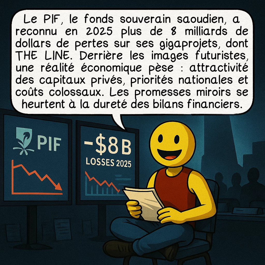 The Line, case 7 : Le PIF, le fonds souverain saoudien, a reconnu en 2025 plus de 8 milliards de dollars de pertes sur ses gigaprojets, dont THE LINE. Derrière les images futuristes, une réalité économique pèse : attractivité des capitaux privés, priorités nationales et coûts colossaux. Les promesses miroirs se heurtent à la dureté des bilans financiers.