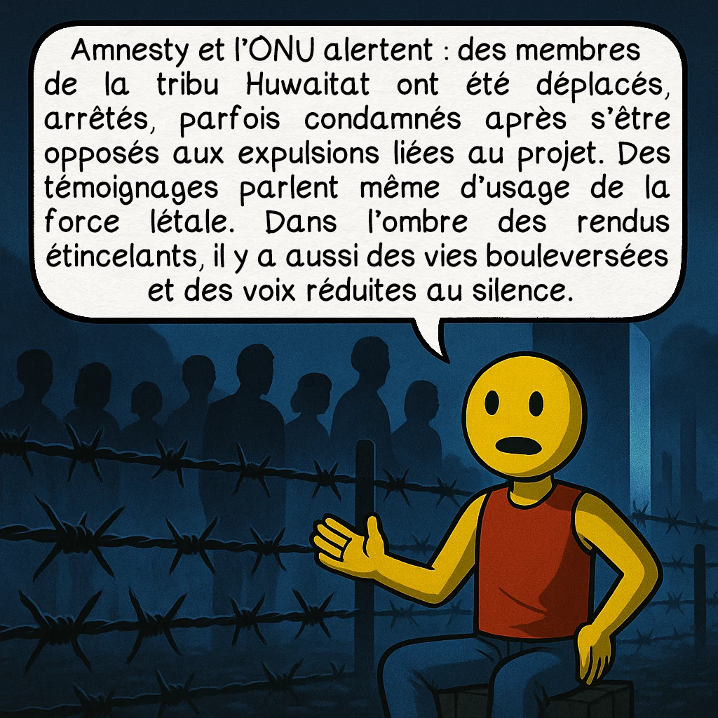 The Line, case 8 : Amnesty et l’ONU alertent : des membres de la tribu Huwaitat ont été déplacés, arrêtés, parfois condamnés après s’être opposés aux expulsions liées au projet. Des témoignages parlent même d’usage de la force létale. Dans l’ombre des rendus étincelants, il y a aussi des vies bouleversées et des voix réduites au silence.