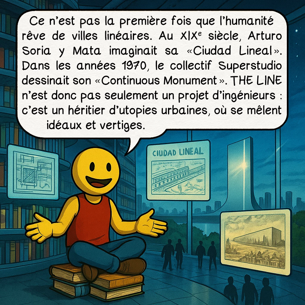The Line, case 9 : Ce n’est pas la première fois que l’humanité rêve de villes linéaires. Au XIXe siècle, Arturo Soria y Mata imaginait sa « Ciudad Lineal ». Dans les années 1970, le collectif Superstudio dessinait son « Continuous Monument ». THE LINE n’est donc pas seulement un projet d’ingénieurs : c’est un héritier d’utopies urbaines, où se mêlent idéaux et vertiges.