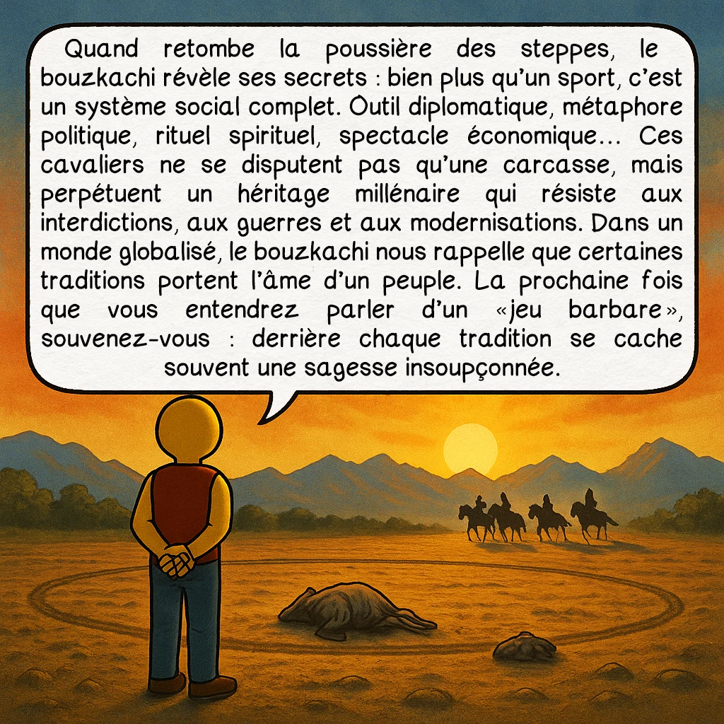 Le bouzkachi, case 10 : Quand retombe la poussière des steppes, le bouzkachi révèle ses secrets : bien plus qu’un sport, c’est un système social complet. Outil diplomatique, métaphore politique, rituel spirituel, spectacle économique… Ces cavaliers ne se disputent pas qu’une carcasse, mais perpétuent un héritage millénaire qui résiste aux interdictions, aux guerres et aux modernisations. Dans un monde globalisé, le bouzkachi nous rappelle que certaines traditions portent l’âme d’un peuple. La prochaine fois que vous entendrez parler d’un « jeu barbare », souvenez-vous : derrière chaque tradition se cache souvent une sagesse insoupçonnée.