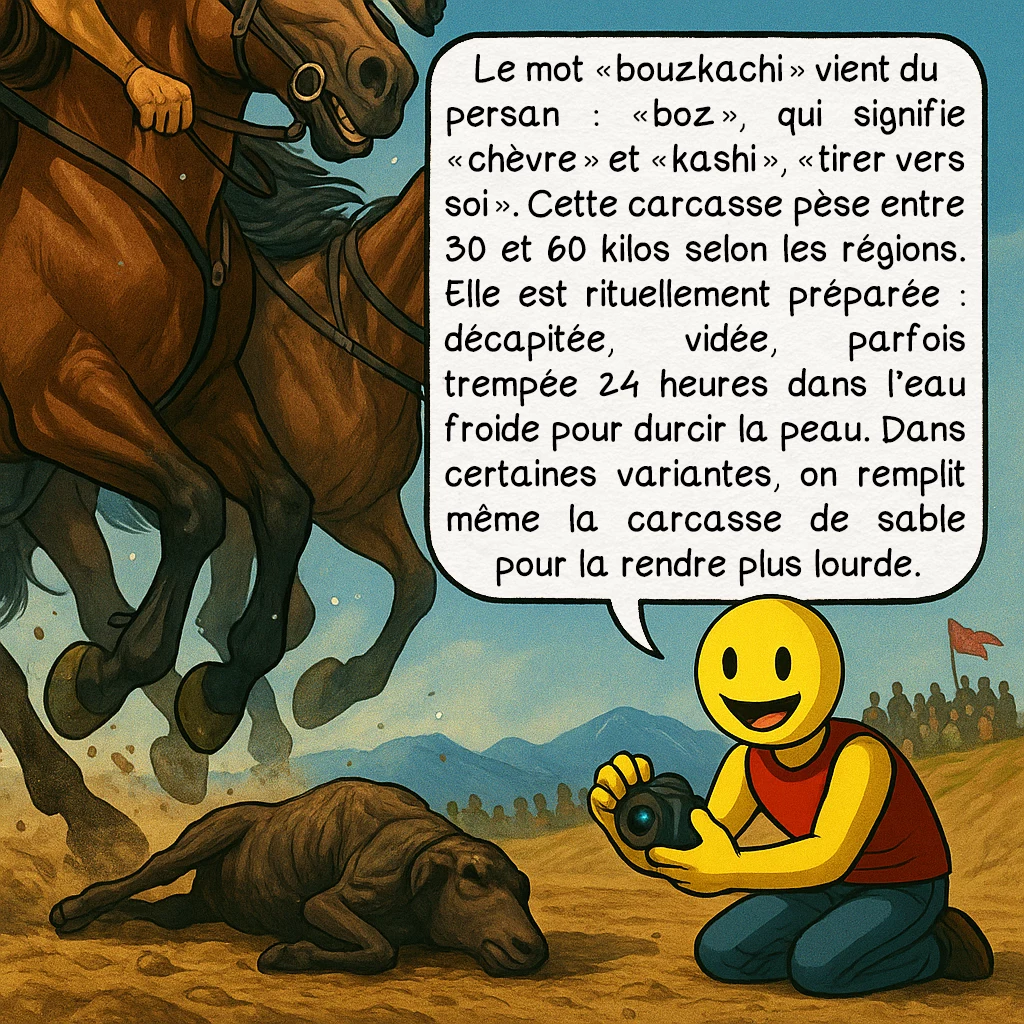 Le bouzkachi, case 2 : Le mot « buzkashi » vient du persan : « boz », qui signifie « chèvre » et « kashi », « tirer vers soi ». Cette carcasse pèse entre 30 et 60 kilos selon les régions. Elle est rituellement préparée : décapitée, vidée, parfois trempée 24 heures dans l’eau froide pour durcir la peau. Dans certaines variantes, on remplit même la carcasse de sable pour la rendre plus lourde.