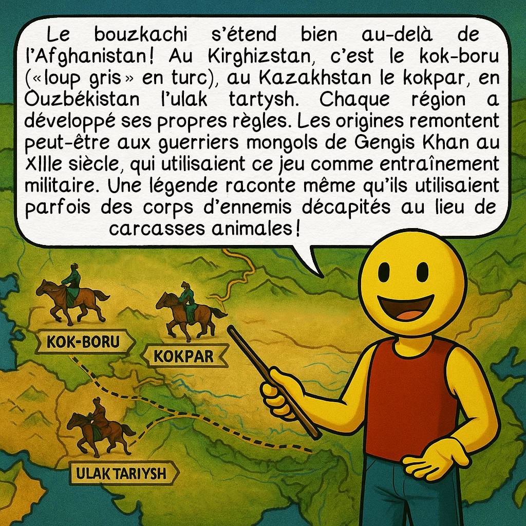 Le bouzkachi, case 3 : Le bouzkachi s’étend bien au-delà de l’Afghanistan ! Au Kirghizstan, c’est le kok-boru (« loup gris » en turc), au Kazakhstan le kokpar, en Ouzbékistan l’ulak tartysh. Chaque région a développé ses propres règles. Les origines remontent peut-être aux guerriers mongols de Gengis Khan au XIIIe siècle, qui utilisaient ce jeu comme entraînement militaire. Une légende raconte même qu’ils utilisaient parfois des corps d’ennemis décapités au lieu de carcasses animales !