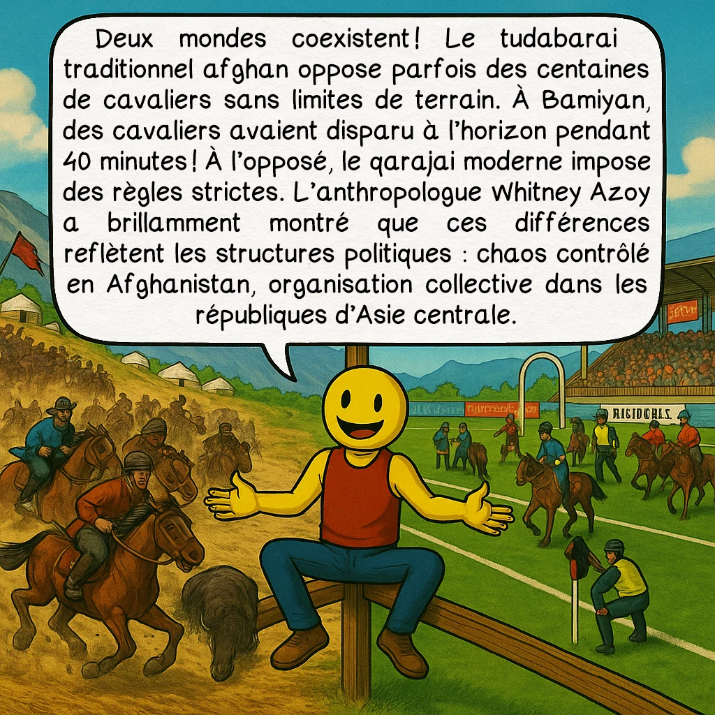 Le bouzkachi, case 4 : Deux mondes coexistent ! Le tudabarai traditionnel afghan oppose parfois des centaines de cavaliers sans limites de terrain. À Bamiyan, des cavaliers avaient disparu à l’horizon pendant 40 minutes ! À l’opposé, le qarajai moderne impose des règles strictes. L’anthropologue Whitney Azoy a brillamment montré que ces différences reflètent les structures politiques : chaos contrôlé en Afghanistan, organisation collective dans les républiques d’Asie centrale.
