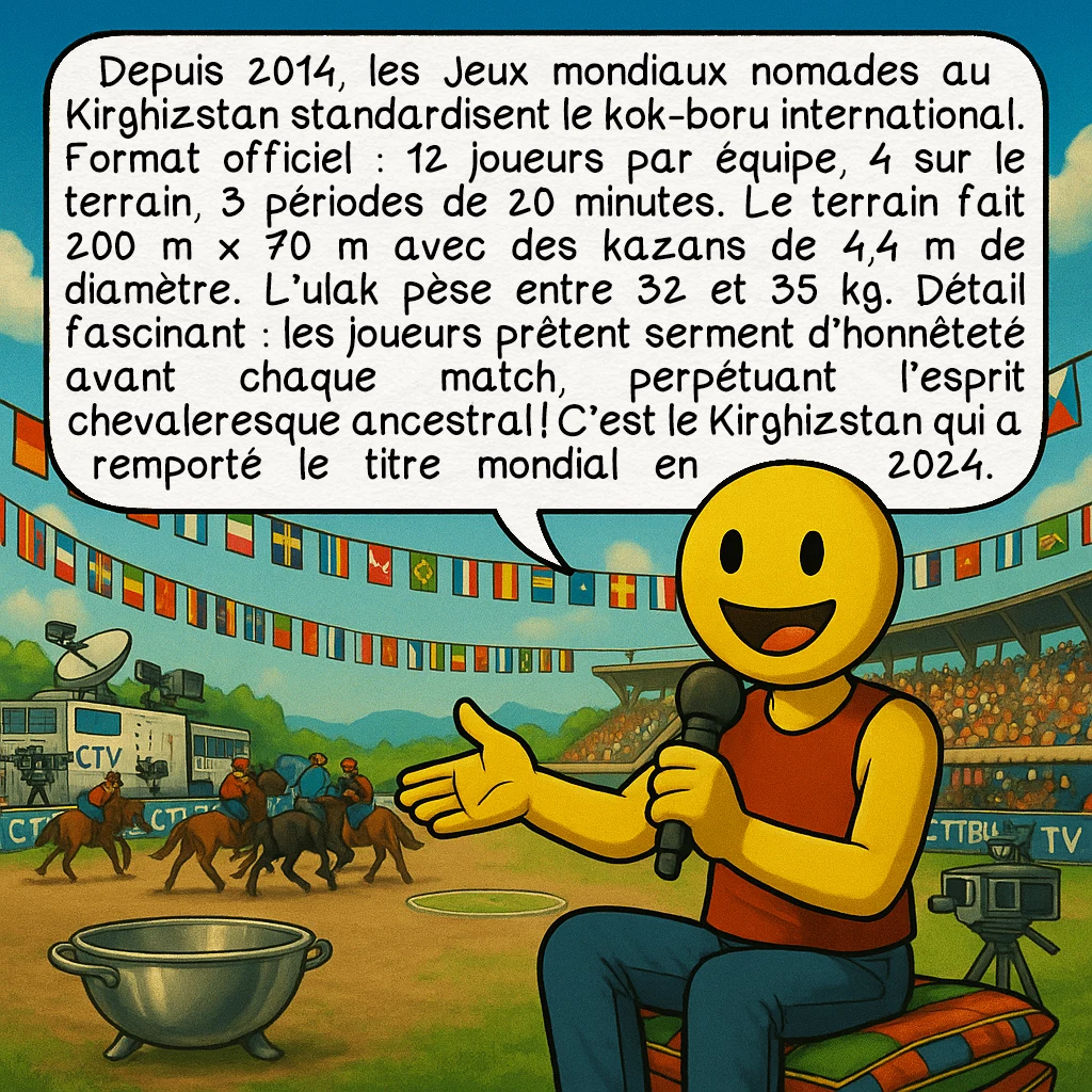 Le bouzkachi, case 5 : Depuis 2014, les Jeux mondiaux nomades au Kirghizstan standardisent le kok-boru international. Format officiel : 12 joueurs par équipe, 4 sur le terrain, 3 périodes de 20 minutes. Le terrain fait 200 m × 70 m avec des kazans de 4,4 m de diamètre. L’ulak pèse entre 32 et 35 kg. Détail fascinant : les joueurs prêtent serment d’honnêteté avant chaque match, perpétuant l’esprit chevaleresque ancestral ! C’est le Kirghizstan qui a remporté le titre mondial en 2024.
