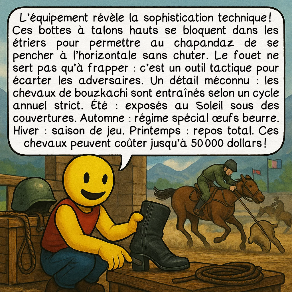 Le bouzkachi, case 6 : L’équipement révèle la sophistication technique ! Ces bottes à talons hauts se bloquent dans les étriers pour permettre au chapandaz de se pencher à l’horizontale sans chuter. Le fouet ne sert pas qu’à frapper : c’est un outil tactique pour écarter les adversaires. Un détail méconnu : les chevaux de bouzkachi sont entraînés selon un cycle annuel strict. Été : exposés au Soleil sous des couvertures. Automne : régime spécial œufs beurre. Hiver : saison de jeu. Printemps : repos total. Ces chevaux peuvent coûter jusqu’à 50 000 dollars !