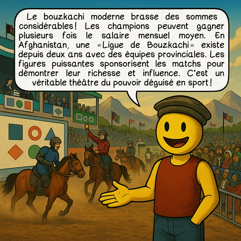 Le bouzkachi, case 7 : Le bouzkachi moderne brasse des sommes considérables ! Les champions peuvent gagner plusieurs fois le salaire mensuel moyen. En Afghanistan, une « Ligue de Buzkashi » existe depuis deux ans avec des équipes provinciales. Les figures puissantes sponsorisent les matchs pour démontrer leur richesse et influence. C’est un véritable théâtre du pouvoir déguisé en sport !