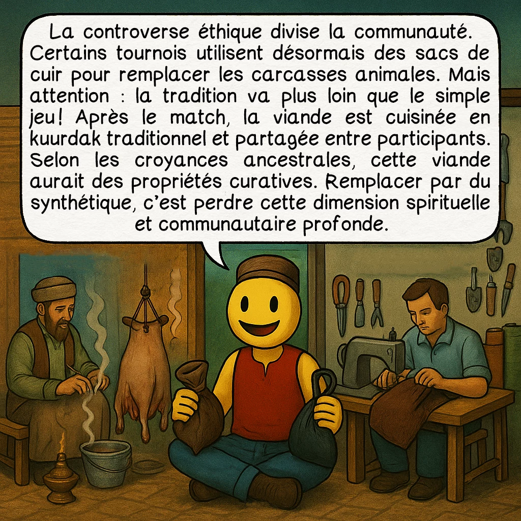 Le bouzkachi, case 8 : La controverse éthique divise la communauté. Certains tournois utilisent désormais des sacs de cuir pour remplacer les carcasses animales. Mais attention : la tradition va plus loin que le simple jeu ! Après le match, la viande est cuisinée en kuurdak traditionnel et partagée entre participants. Selon les croyances ancestrales, cette viande aurait des propriétés curatives. Remplacer par du synthétique, c’est perdre cette dimension spirituelle et communautaire profonde.