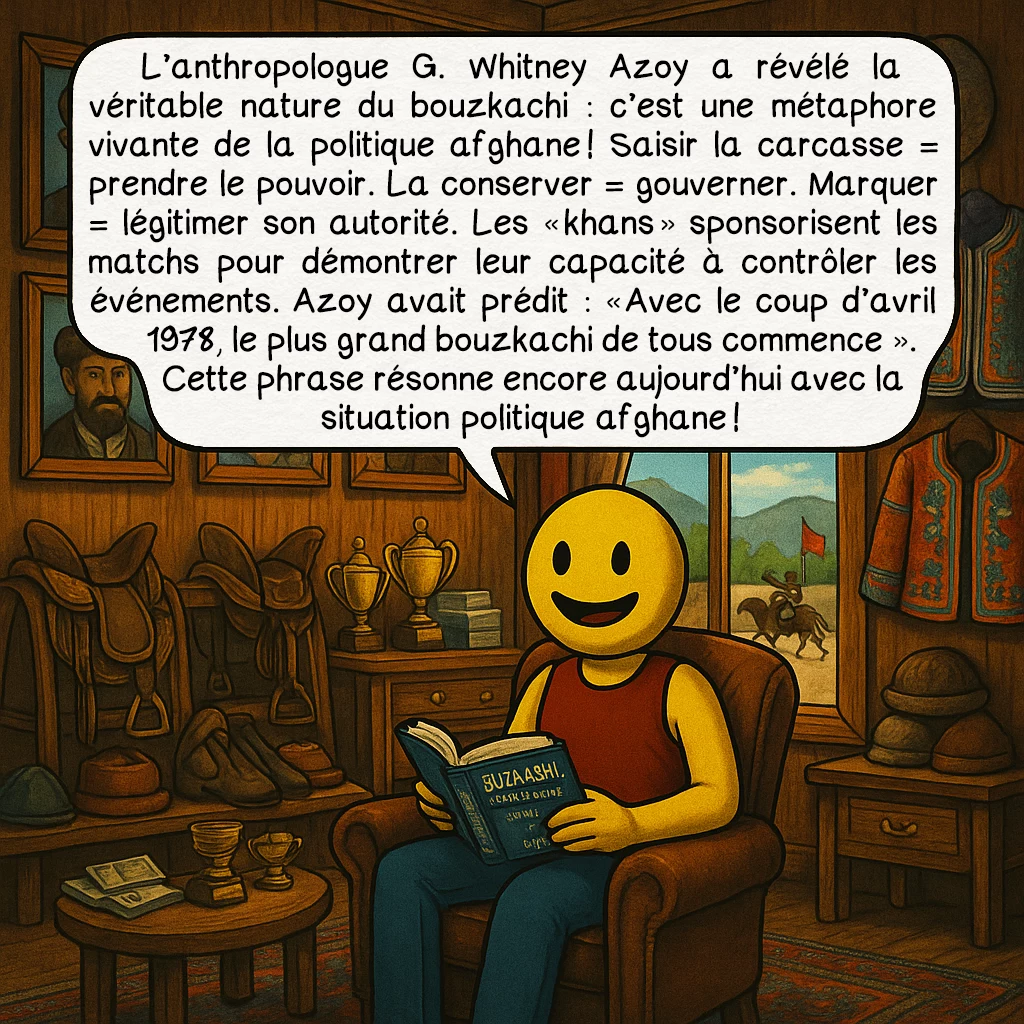 Le bouzkachi, case 9 : L’anthropologue G. Whitney Azoy a révélé la véritable nature du bouzkachi : c’est une métaphore vivante de la politique afghane ! Saisir la carcasse = prendre le pouvoir. La conserver = gouverner. Marquer = légitimer son autorité. Les « khans » sponsorisent les matchs pour démontrer leur capacité à contrôler les événements. Azoy avait prédit : « Avec le coup d’avril 1978, le plus grand bouzkachi de tous commence. » Cette phrase résonne encore aujourd’hui avec la situation politique afghane !