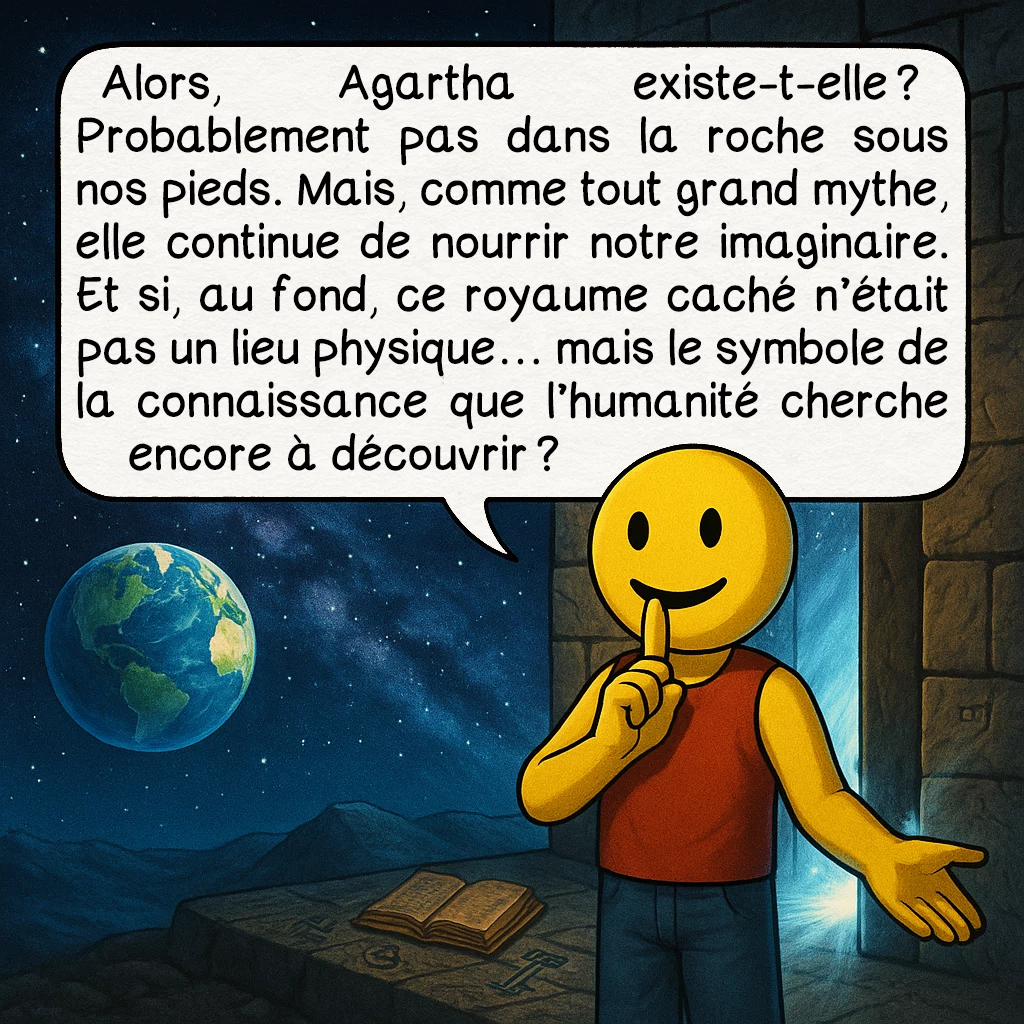 L’Agartha, case 10 : Alors, Agartha existe-t-elle ? Probablement pas dans la roche sous nos pieds. Mais, comme tout grand mythe, elle continue de nourrir notre imaginaire. Et si, au fond, ce royaume caché n’était pas un lieu physique… mais le symbole de la connaissance que l’humanité cherche encore à découvrir ?