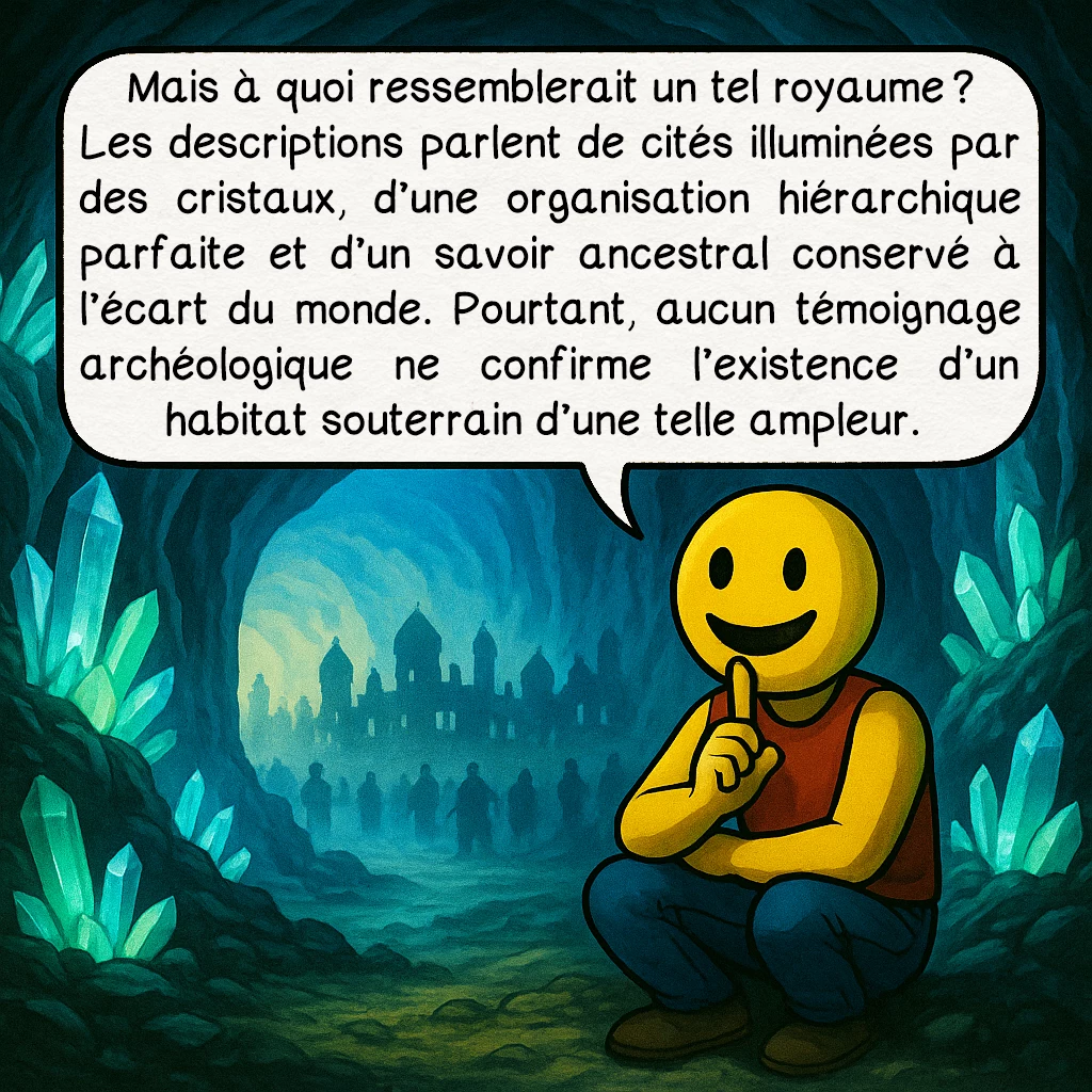L’Agartha, case 4 : Mais à quoi ressemblerait un tel royaume ? Les descriptions parlent de cités illuminées par des cristaux, d’une organisation hiérarchique parfaite et d’un savoir ancestral conservé à l’écart du monde. Pourtant, aucun témoignage archéologique ne confirme l’existence d’un habitat souterrain d’une telle ampleur.