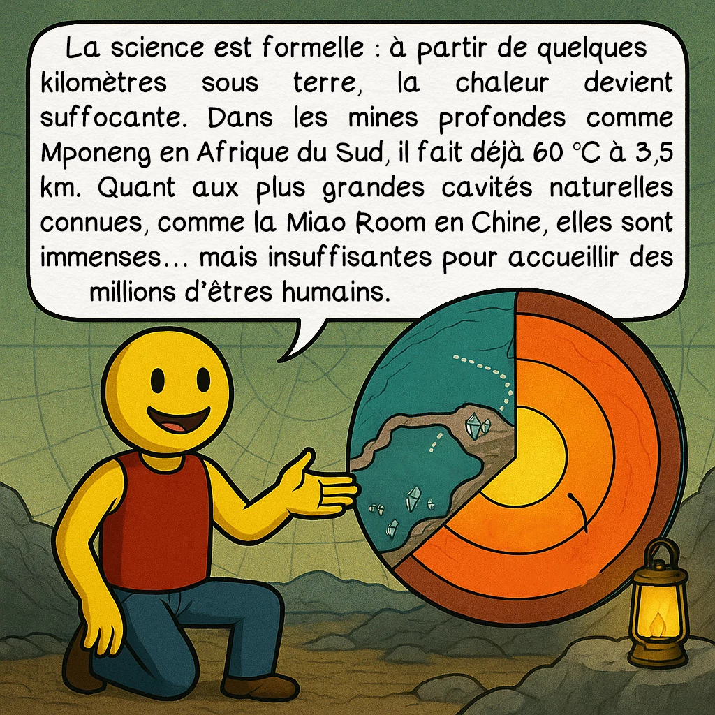 L’Agartha, case 5 : La science est formelle : à partir de quelques kilomètres sous terre, la chaleur devient suffocante. Dans les mines profondes comme Mponeng en Afrique du Sud, il fait déjà 60 °C à 3,5 km. Quant aux plus grandes cavités naturelles connues, comme la Miao Room en Chine, elles sont immenses… mais insuffisantes pour accueillir des millions d’êtres humains.