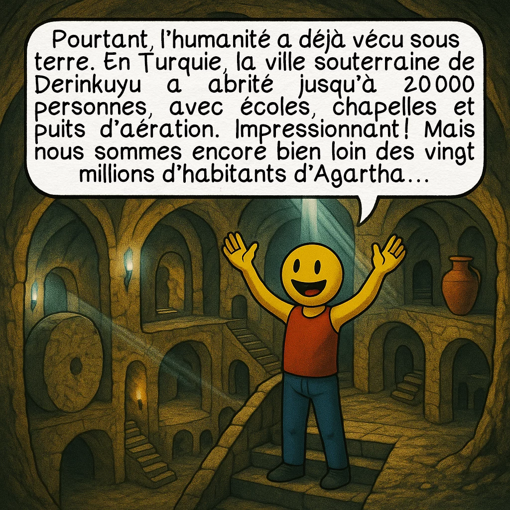 L’Agartha, case 6 : Pourtant, l’humanité a déjà vécu sous terre. En Turquie, la ville souterraine de Derinkuyu a abrité jusqu’à 20 000 personnes, avec écoles, chapelles et puits d’aération. Impressionnant ! Mais nous sommes encore bien loin des vingt millions d’habitants d’Agartha…