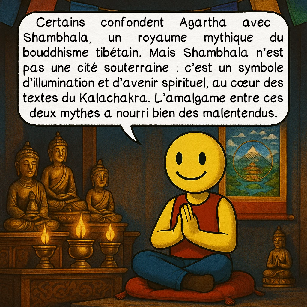 L’Agartha, case 7 : Certains confondent Agartha avec Shambhala, un royaume mythique du bouddhisme tibétain. Mais Shambhala n’est pas une cité souterraine : c’est un symbole d’illumination et d’avenir spirituel, au cœur des textes du Kalachakra. L’amalgame entre ces deux mythes a nourri bien des malentendus.