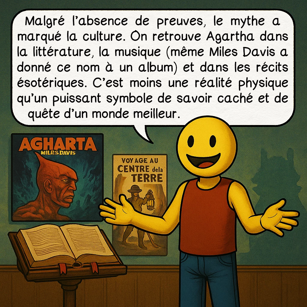 L’Agartha, case 9 : Malgré l’absence de preuves, le mythe a marqué la culture. On retrouve Agartha dans la littérature, la musique (même Miles Davis a donné ce nom à un album) et dans les récits ésotériques. C’est moins une réalité physique qu’un puissant symbole de savoir caché et de quête d’un monde meilleur.