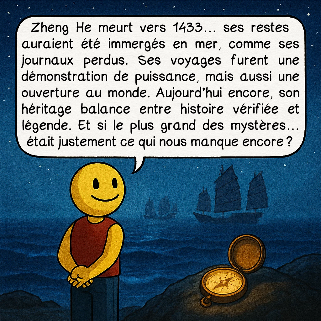 Zheng He, case 10 : Zheng He meurt vers 1433… ses restes auraient été immergés en mer, comme ses journaux perdus.Ses voyages furent une démonstration de puissance, mais aussi une ouverture au monde. Aujourd’hui encore, son héritage balance entre histoire vérifiée et légende. Et si le plus grand des mystères… était justement ce qui nous manque encore ?