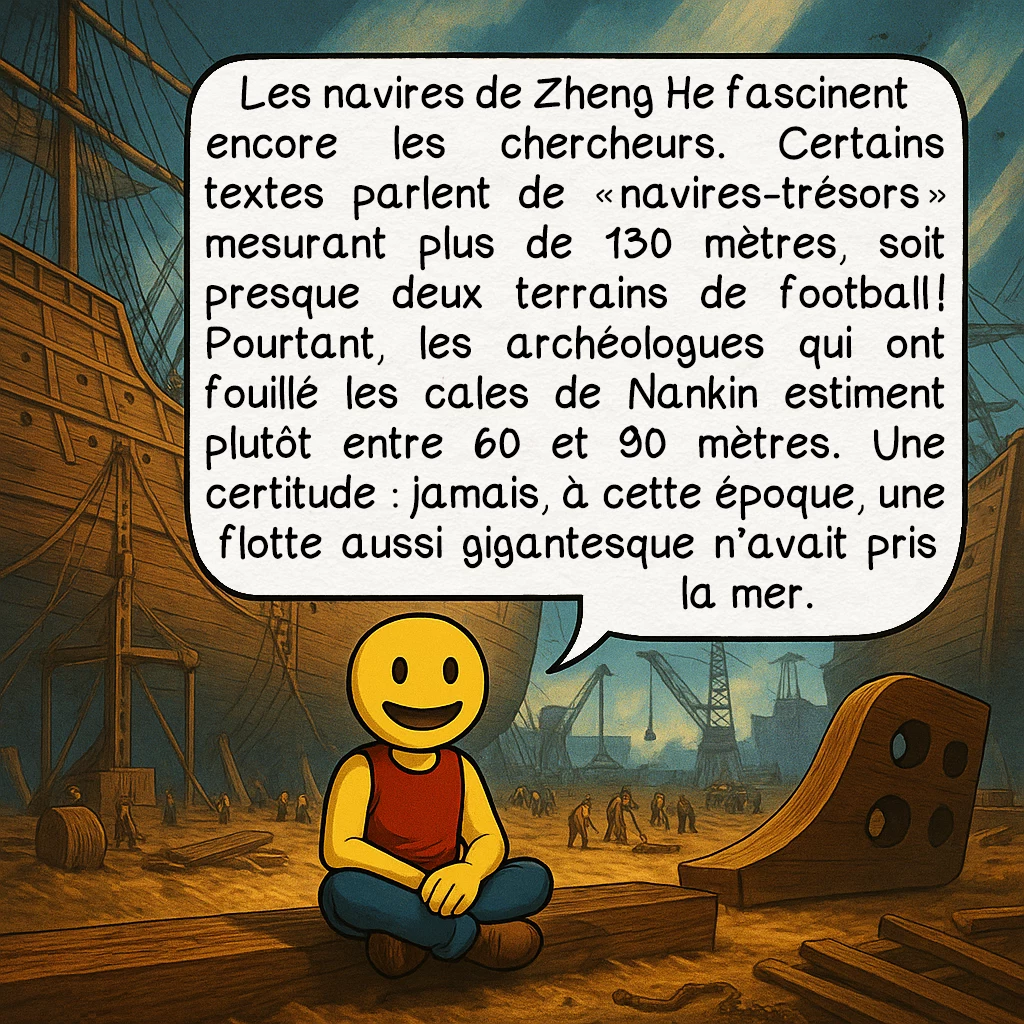 Zheng He, case 2 : Les navires de Zheng He fascinent encore les chercheurs. Certains textes parlent de « navires-trésors » mesurant plus de 130 mètres, soit presque deux terrains de football ! Pourtant, les archéologues qui ont fouillé les cales de Nankin estiment plutôt entre 60 et 90 mètres. Une certitude : jamais, à cette époque, une flotte aussi gigantesque n’avait pris la mer.
