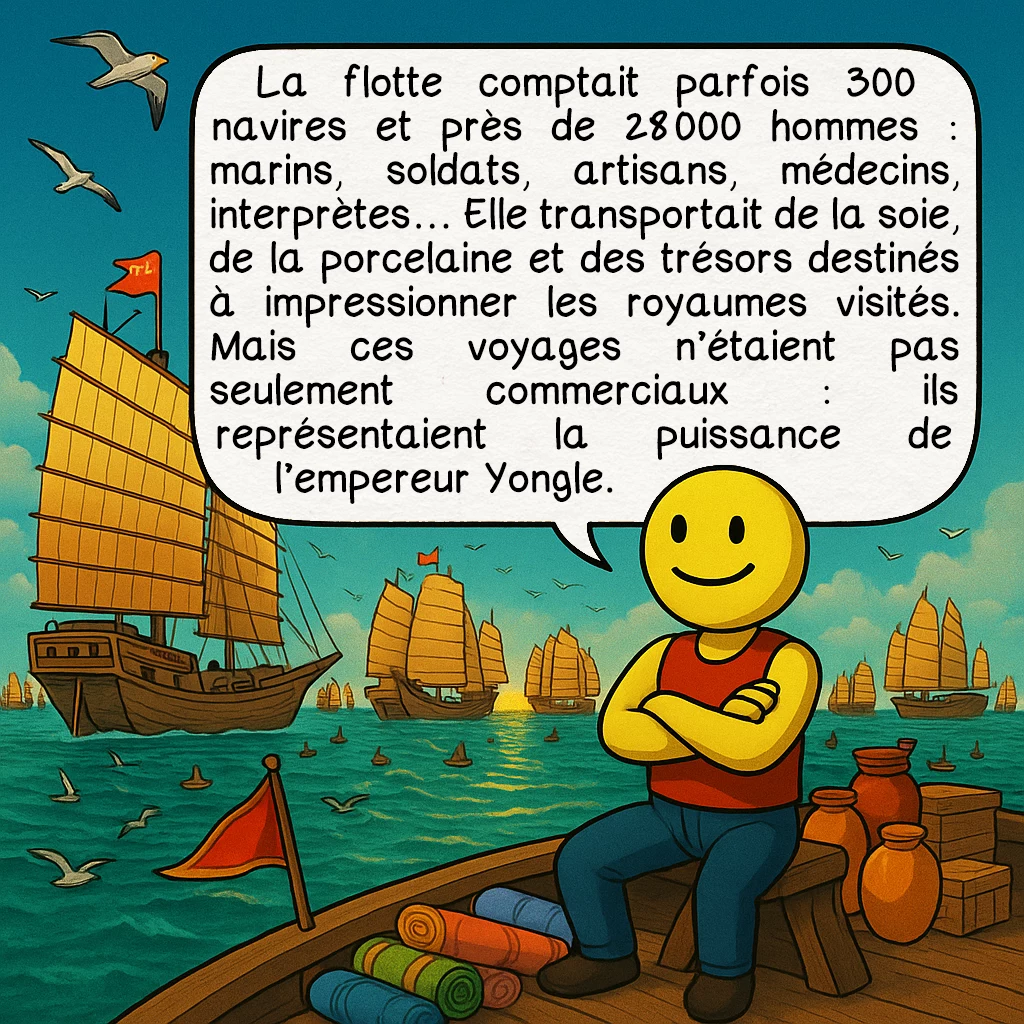 Zheng He, case 3 : La flotte comptait parfois 300 navires et près de 28 000 hommes : marins, soldats, artisans, médecins, interprètes… Elle transportait de la soie, de la porcelaine et des trésors destinés à impressionner les royaumes visités. Mais ces voyages n’étaient pas seulement commerciaux : ils représentaient la puissance de l’empereur Yongle.