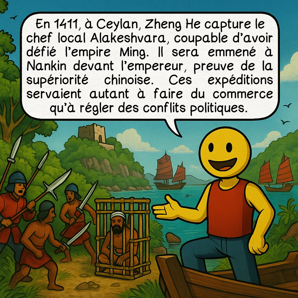 Zheng He, case 4 : En 1411, à Ceylan, Zheng He capture le chef local Alakeshvara, coupable d’avoir défié l’empire Ming. Il sera emmené à Nankin devant l’empereur, preuve de la supériorité chinoise. Ces expéditions servaient autant à faire du commerce qu’à régler des conflits politiques.
