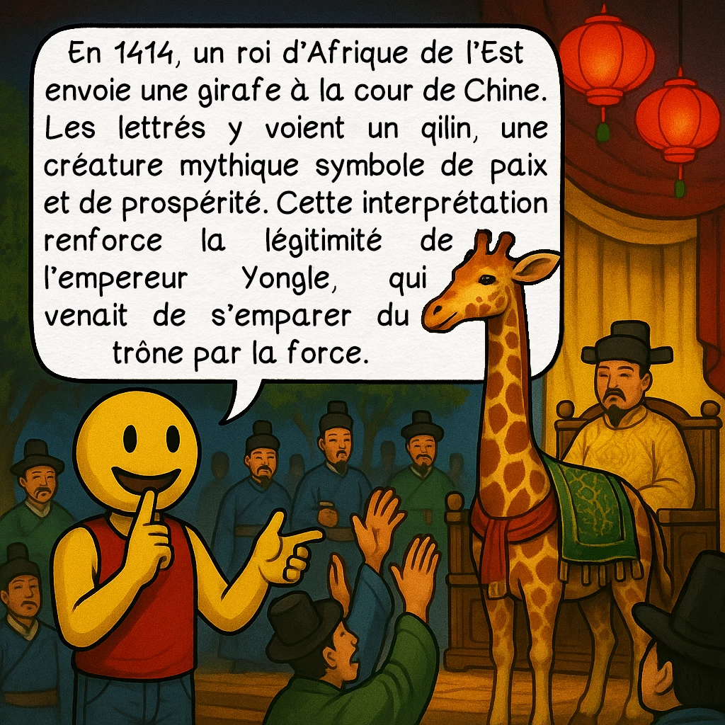 Zheng He, case 5 : En 1414, un roi d’Afrique de l’Est envoie une girafe à la cour de Chine. Les lettrés y voient un qilin, une créature mythique symbole de paix et de prospérité. Cette interprétation renforce la légitimité de l’empereur Yongle, qui venait de s’emparer du trône par la force.