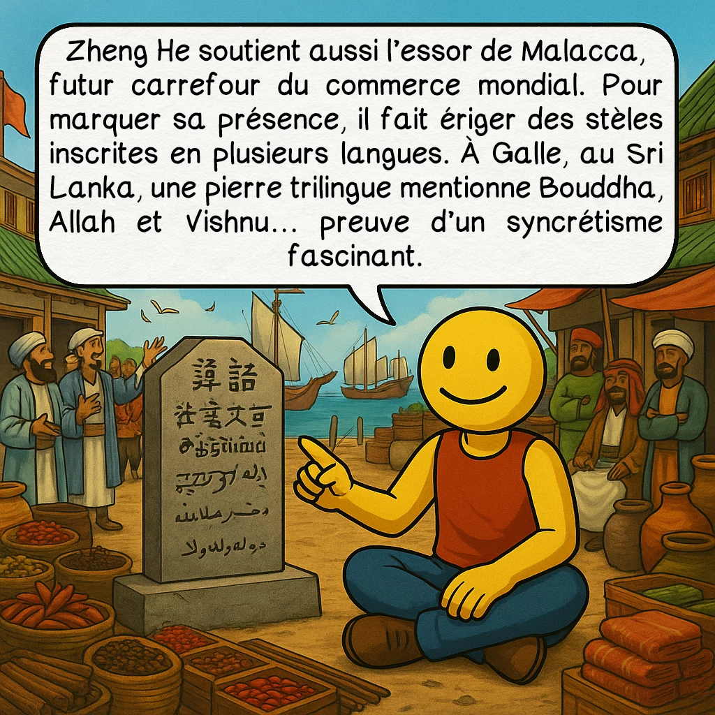 Zheng He, case 6 : Zheng He soutient aussi l’essor de Malacca, futur carrefour du commerce mondial. Pour marquer sa présence, il fait ériger des stèles inscrites en plusieurs langues. À Galle, au Sri Lanka, une pierre trilingue mentionne Bouddha, Allah et Vishnu… preuve d’un syncrétisme fascinant.
