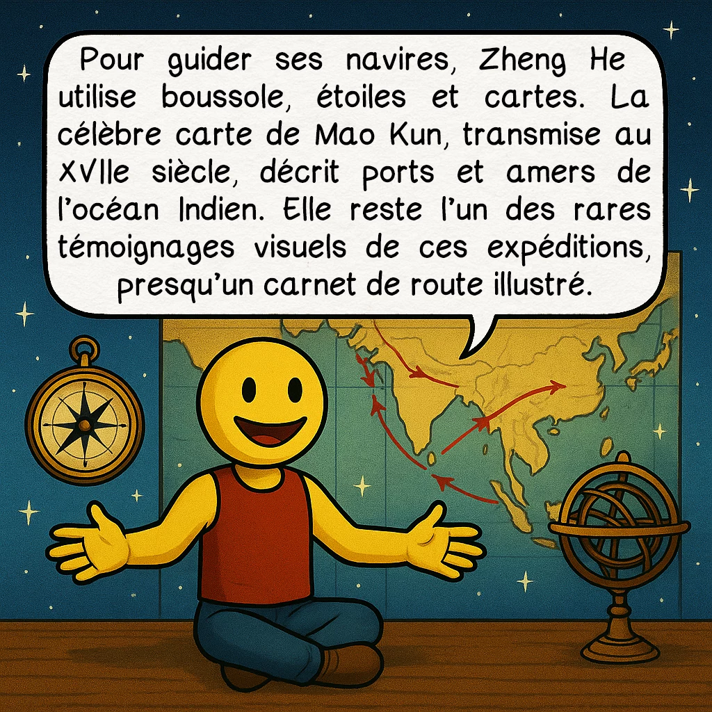 Zheng He, case 7 : Pour guider ses navires, Zheng He utilise boussole, étoiles et cartes. La célèbre carte de Mao Kun, transmise au XVIIe siècle, décrit ports et amers de l’océan Indien. Elle reste l’un des rares témoignages visuels de ces expéditions, presqu’un carnet de route illustré.