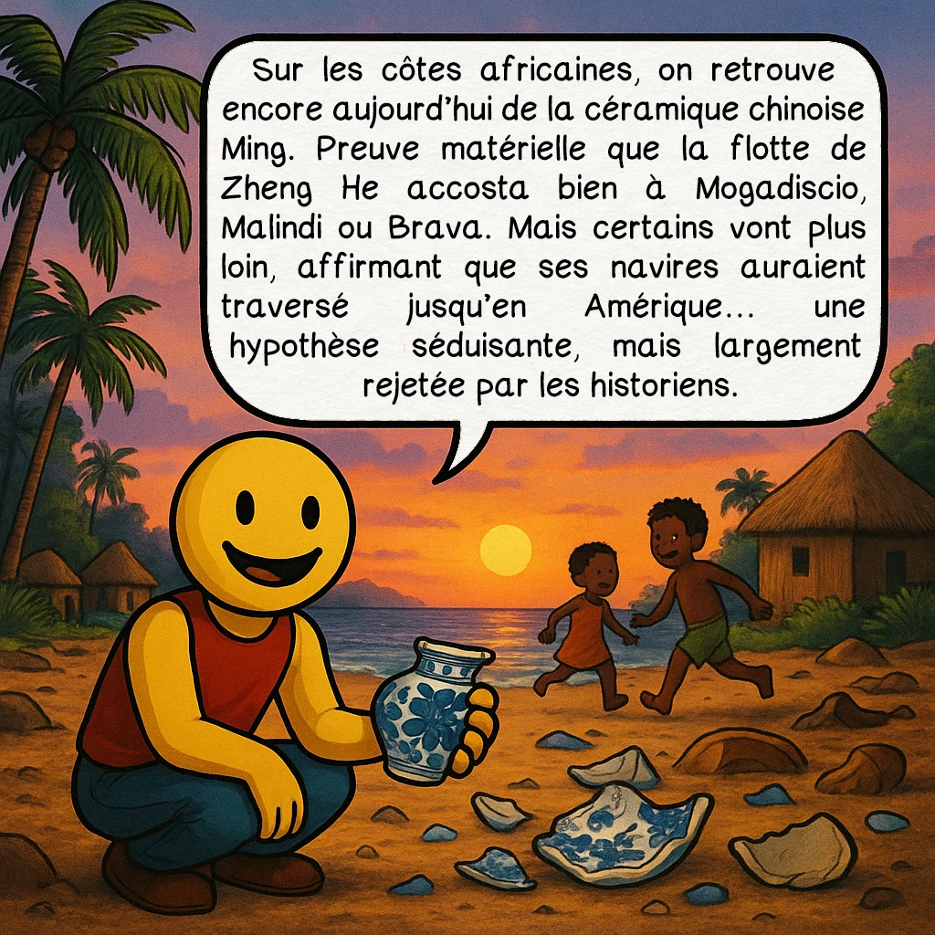 Zheng He, case 9 : Sur les côtes africaines, on retrouve encore aujourd’hui de la céramique chinoise Ming.Preuve matérielle que la flotte de Zheng He accosta bien à Mogadiscio, Malindi ou Brava.Mais certains vont plus loin, affirmant que ses navires auraient traversé jusqu’en Amérique… une hypothèse séduisante, mais largement rejetée par les historiens.