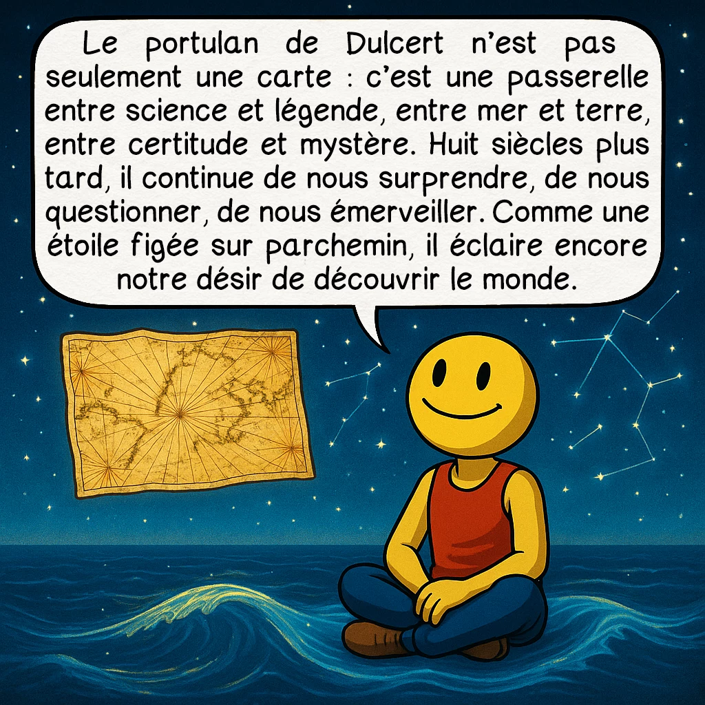 Le portulan de Dulcert, case 10 : Le portulan de Dulcert n’est pas seulement une carte : c’est une passerelle entre science et légende, entre mer et terre, entre certitude et mystère. Huit siècles plus tard, il continue de nous surprendre, de nous questionner, de nous émerveiller. Comme une étoile figée sur parchemin, il éclaire encore notre désir de découvrir le monde.