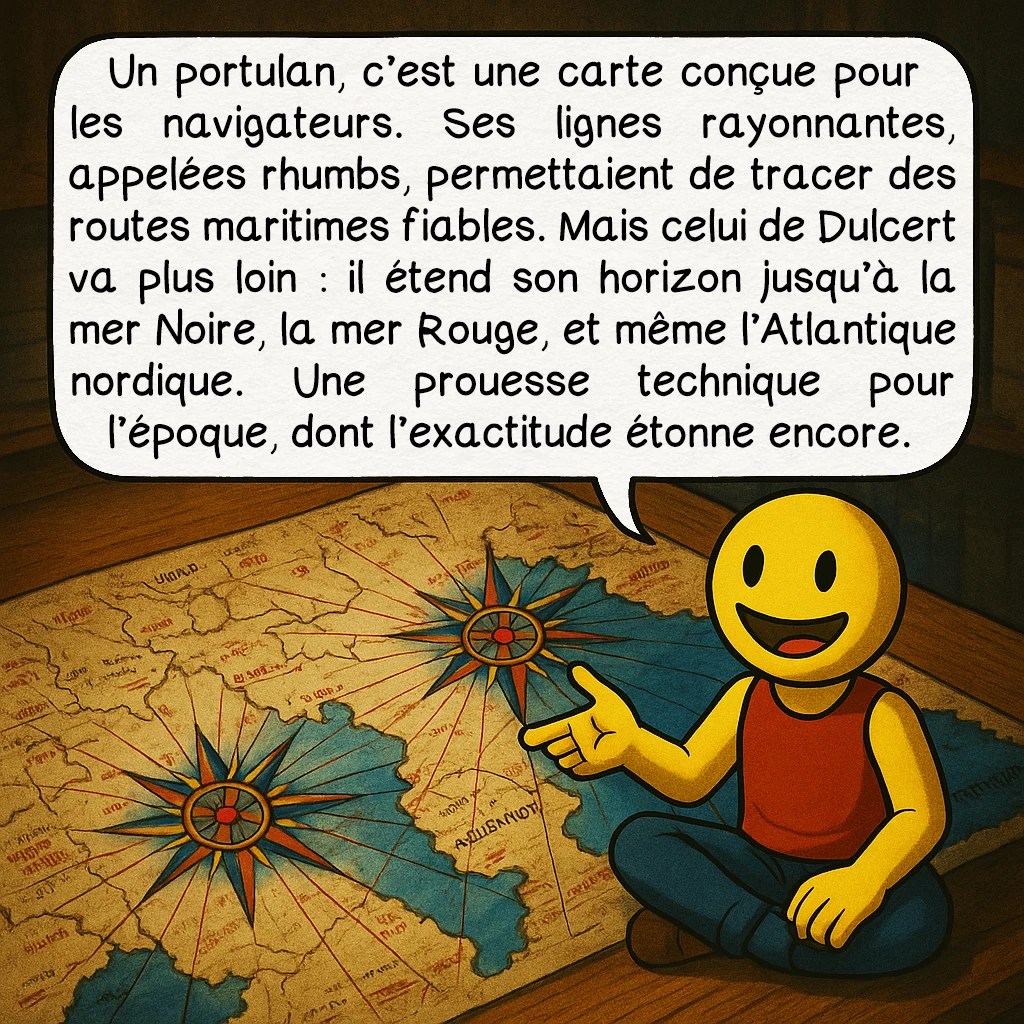 Le portulan de Dulcert, case 2 : Un portulan, c’est une carte conçue pour les navigateurs. Ses lignes rayonnantes, appelées rhumbs, permettaient de tracer des routes maritimes fiables. Mais celui de Dulcert va plus loin : il étend son horizon jusqu’à la mer Noire, la mer Rouge, et même l’Atlantique nordique. Une prouesse technique pour l’époque, dont l’exactitude étonne encore.
