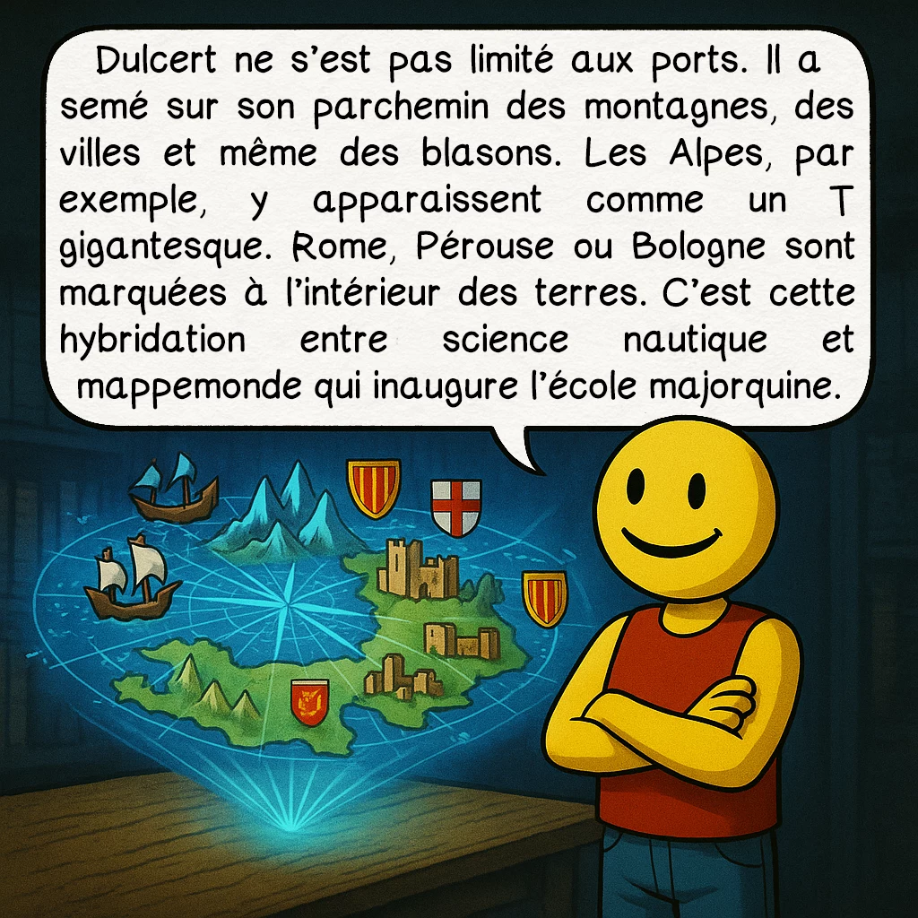 Le portulan de Dulcert, case 3 : Dulcert ne s’est pas limité aux ports. Il a semé sur son parchemin des montagnes, des villes et même des blasons. Les Alpes, par exemple, y apparaissent comme un T gigantesque. Rome, Pérouse ou Bologne sont marquées à l’intérieur des terres. C’est cette hybridation entre science nautique et mappemonde qui inaugure l’école majorquine.