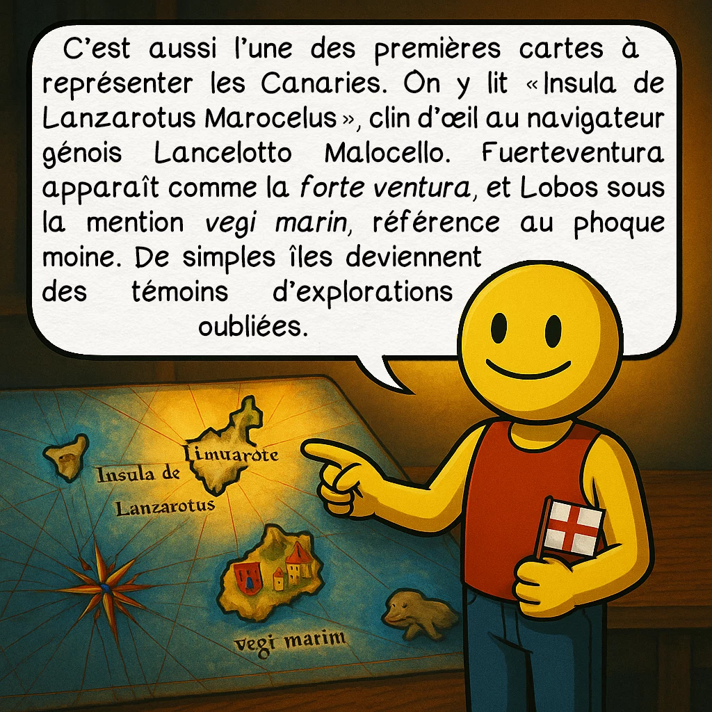 Le portulan de Dulcert, case 4 : C’est aussi l’une des premières cartes à représenter les Canaries. On y lit « Insula de Lanzarotus Marocelus », clin d’œil au navigateur génois Lancelotto Malocello. Fuerteventura apparaît comme la forte ventura, et Lobos sous la mention vegi marin, référence au phoque moine. De simples îles deviennent des témoins d’explorations oubliées.