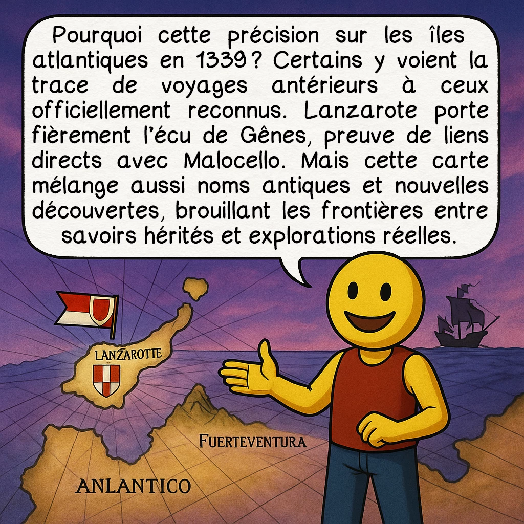 Le portulan de Dulcert, case 5 : Pourquoi cette précision sur les îles atlantiques en 1339 ? Certains y voient la trace de voyages antérieurs à ceux officiellement reconnus. Lanzarote porte fièrement l’écu de Gênes, preuve de liens directs avec Malocello. Mais cette carte mélange aussi noms antiques et nouvelles découvertes, brouillant les frontières entre savoirs hérités et explorations réelles.
