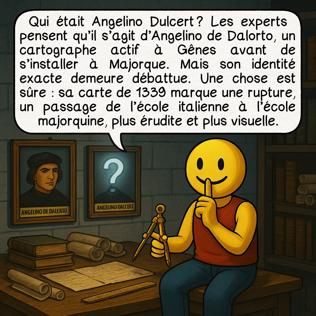 Le portulan de Dulcert, case 6 : Qui était Angelino Dulcert ? Les experts pensent qu’il s’agit d’Angelino de Dalorto, un cartographe actif à Gênes avant de s’installer à Majorque. Mais son identité exacte demeure débattue. Une chose est sûre : sa carte de 1339 marque une rupture, un passage de l’école italienne à l’école majorquine, plus érudite et plus visuelle.
