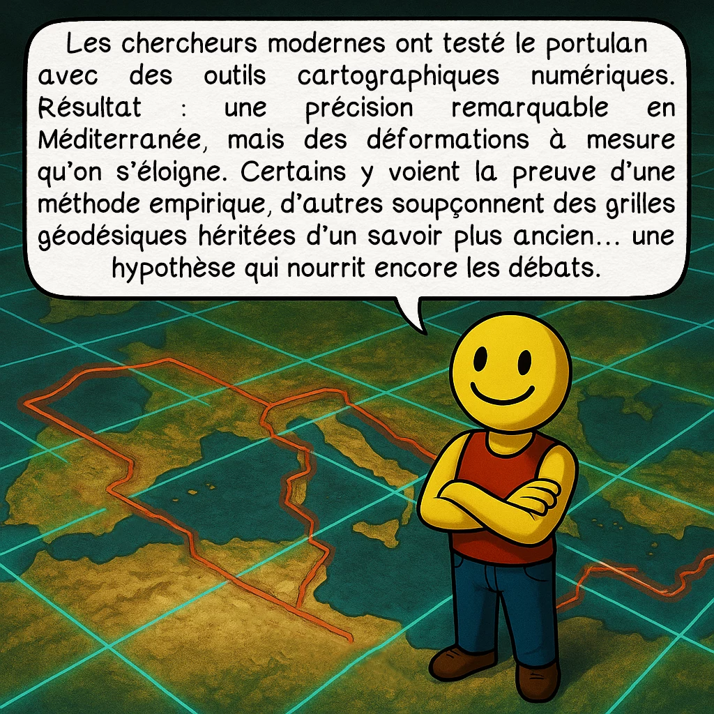 Le portulan de Dulcert, case 7 : Les chercheurs modernes ont testé le portulan avec des outils cartographiques numériques. Résultat : une précision remarquable en Méditerranée, mais des déformations à mesure qu’on s’éloigne. Certains y voient la preuve d’une méthode empirique, d’autres soupçonnent des grilles géodésiques héritées d’un savoir plus ancien… une hypothèse qui nourrit encore les débats.