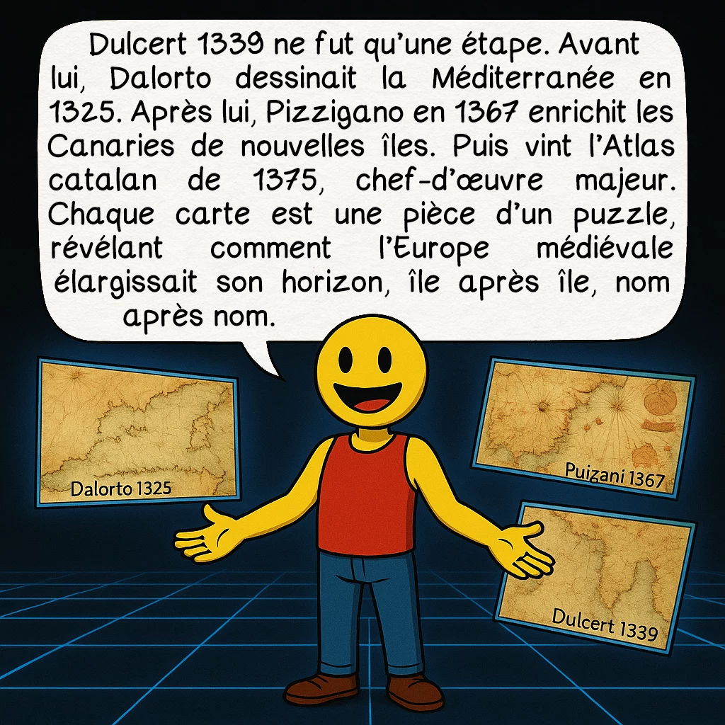 Le portulan de Dulcert, case 8 : Dulcert 1339 ne fut qu’une étape. Avant lui, Dalorto dessinait la Méditerranée en 1325. Après lui, Pizzigano en 1367 enrichit les Canaries de nouvelles îles. Puis vint l’Atlas catalan de 1375, chef-d’œuvre majeur. Chaque carte est une pièce d’un puzzle, révélant comment l’Europe médiévale élargissait son horizon, île après île, nom après nom.