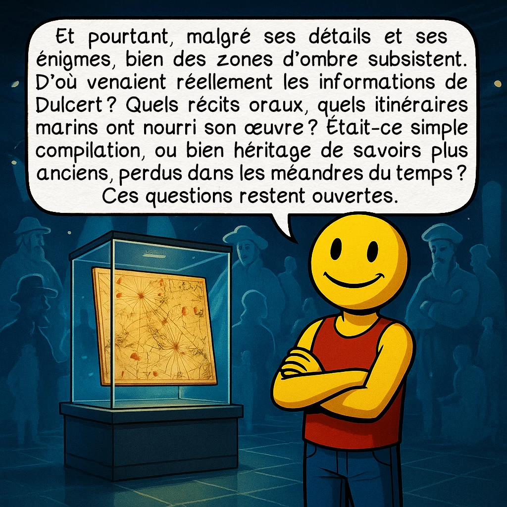 Le portulan de Dulcert, case 9 : Et pourtant, malgré ses détails et ses énigmes, bien des zones d’ombre subsistent. D’où venaient réellement les informations de Dulcert ? Quels récits oraux, quels itinéraires marins ont nourri son œuvre ? Était-ce simple compilation, ou bien héritage de savoirs plus anciens, perdus dans les méandres du temps ? Ces questions restent ouvertes.